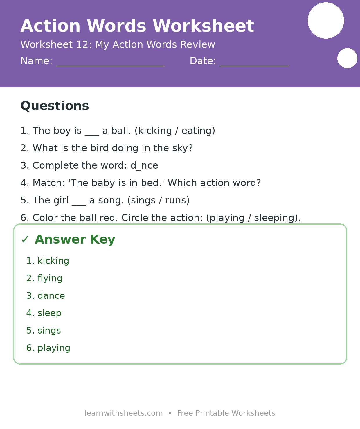Printable action words worksheet 12: My Action Words Review with questions and answer key