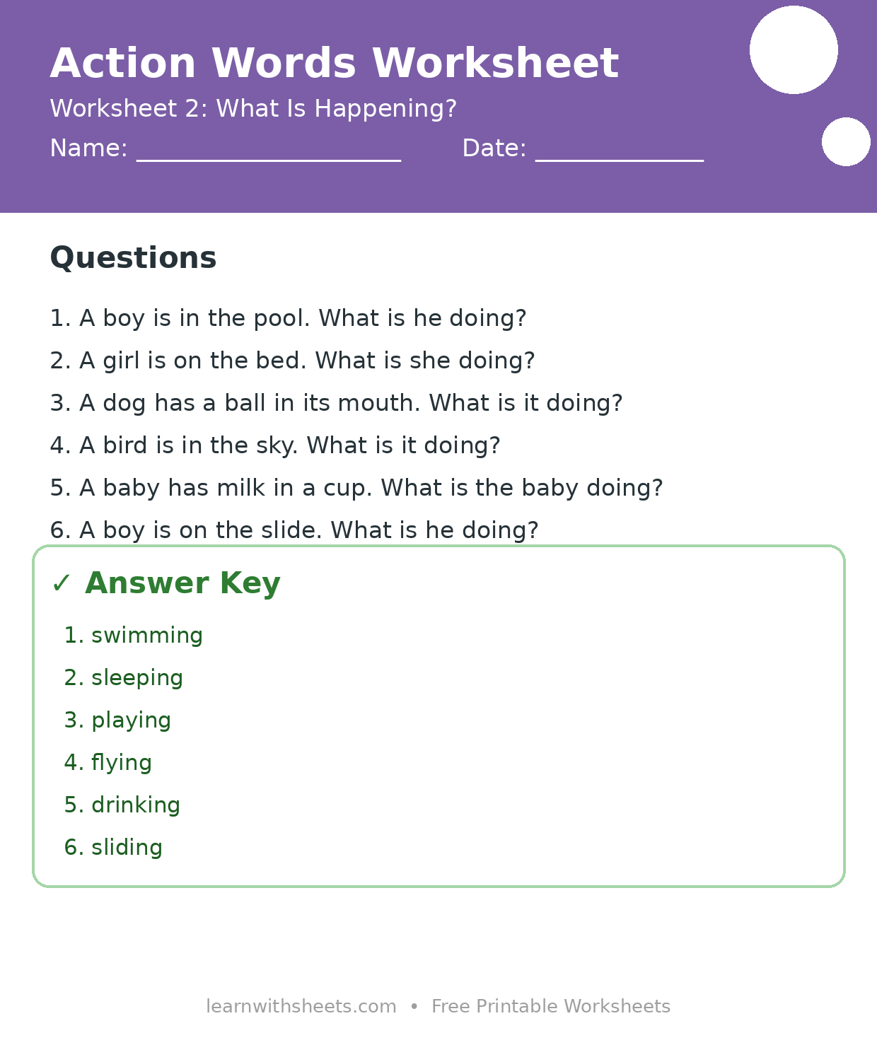 Printable action words worksheet 2: What Is Happening? with questions and answer key