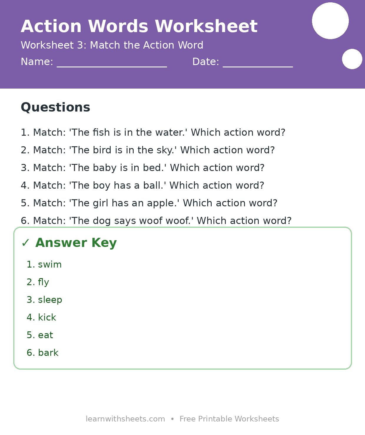Printable action words worksheet 3: Match the Action Word with questions and answer key