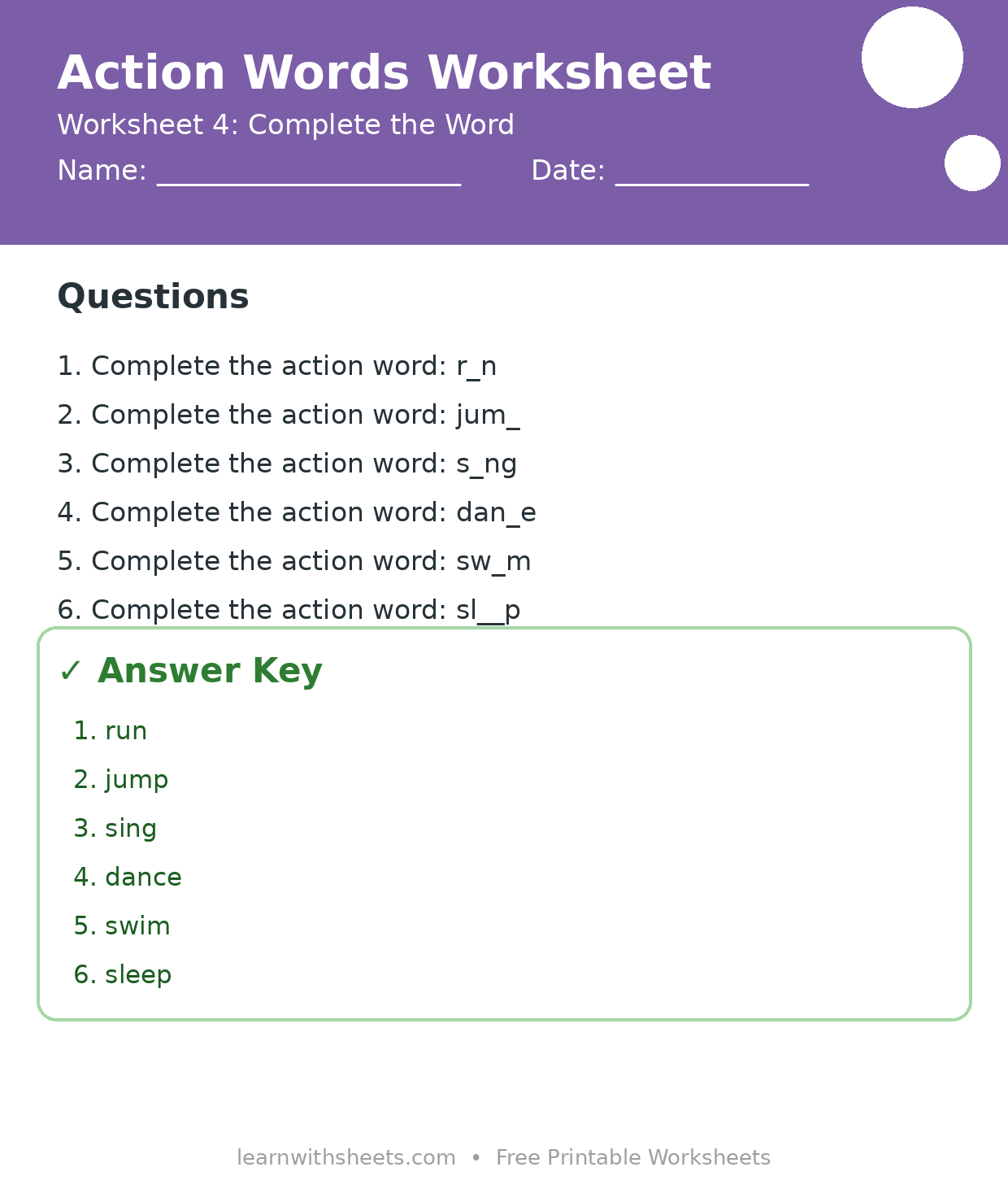 Printable action words worksheet 4: Complete the Word with questions and answer key