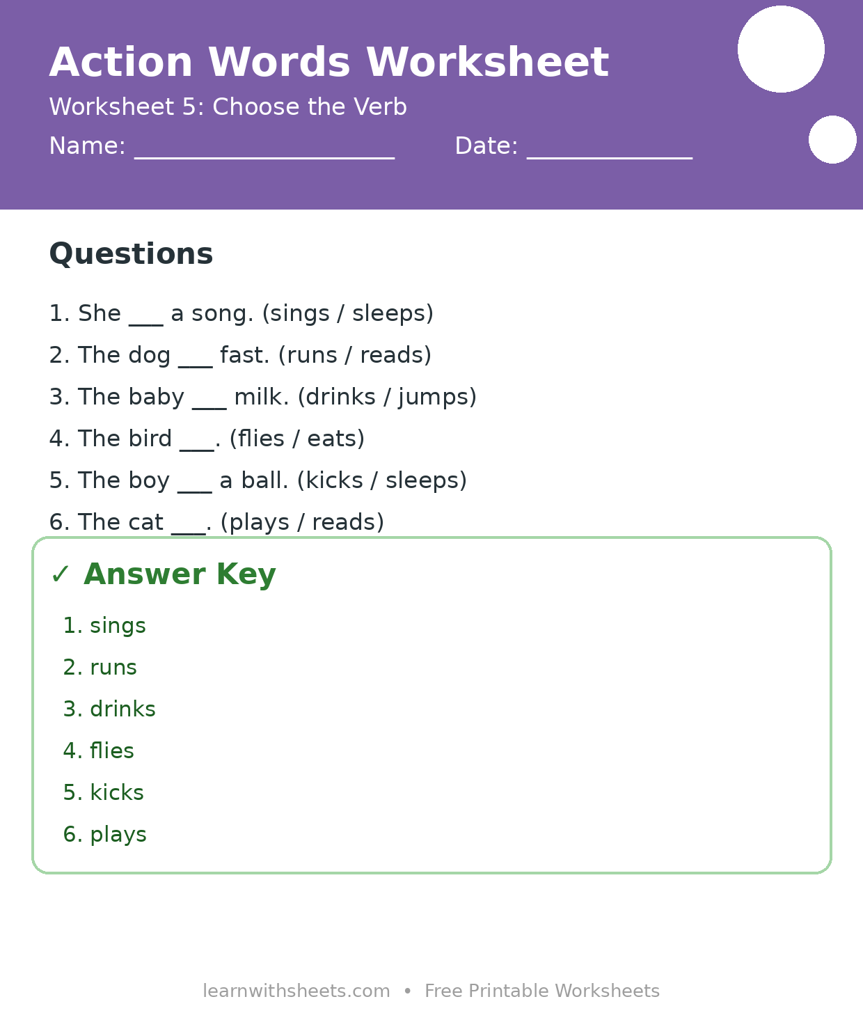 Printable action words worksheet 5: Choose the Verb with questions and answer key