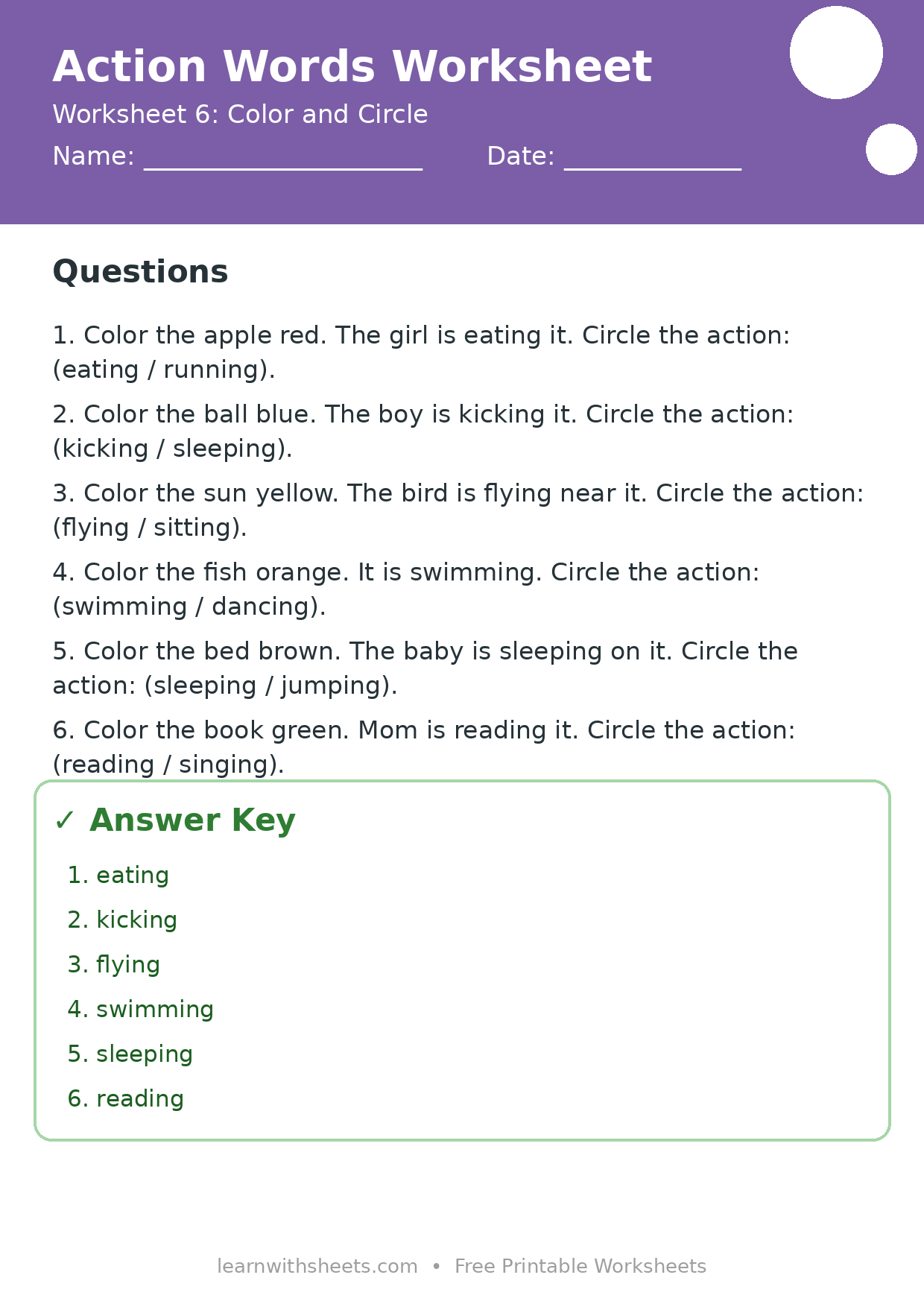 Printable action words worksheet 6: Color and Circle with questions and answer key