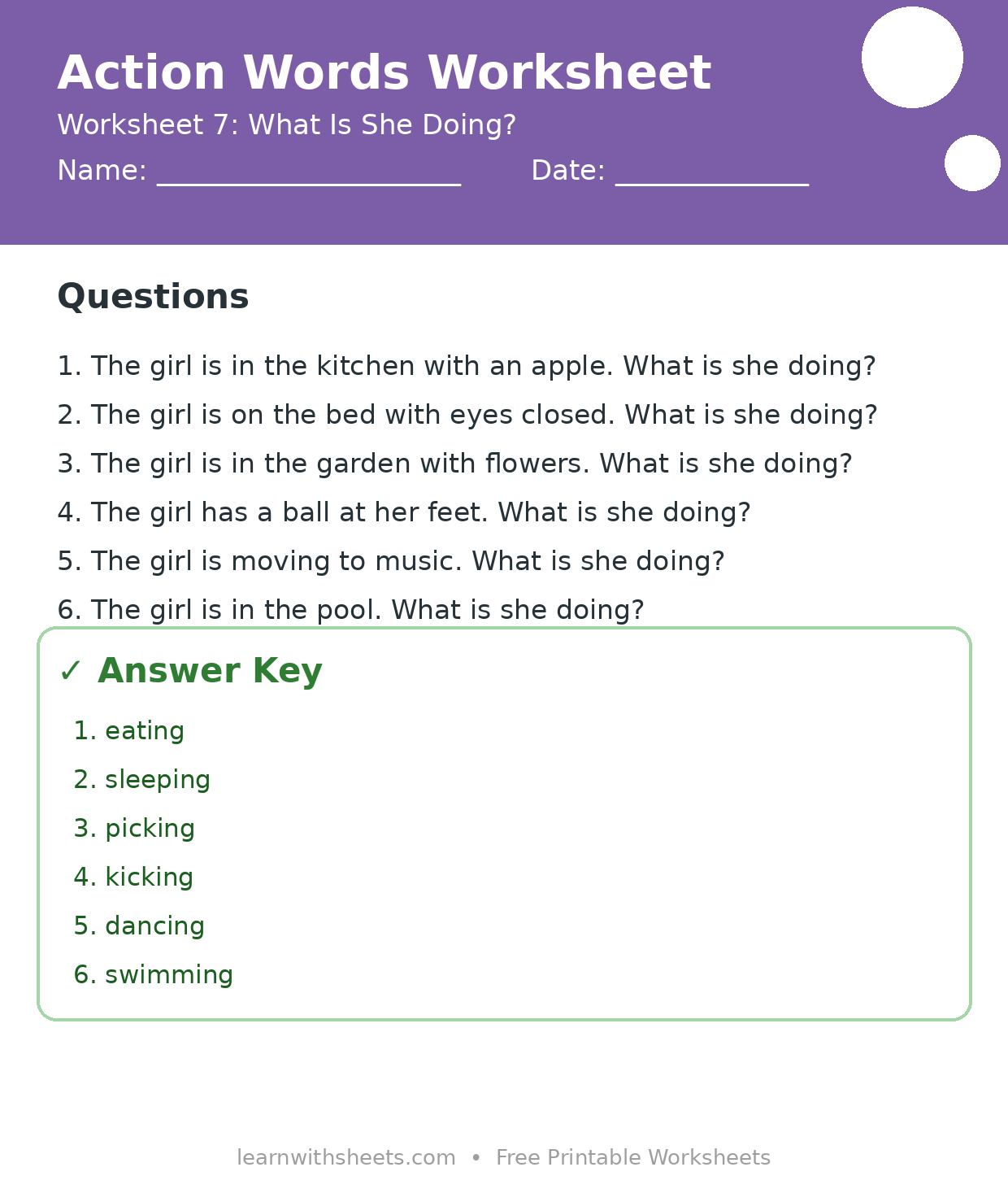 Printable action words worksheet 7: What Is She Doing? with questions and answer key