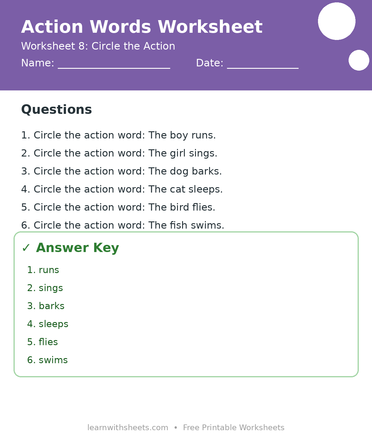 Printable action words worksheet 8: Circle the Action with questions and answer key
