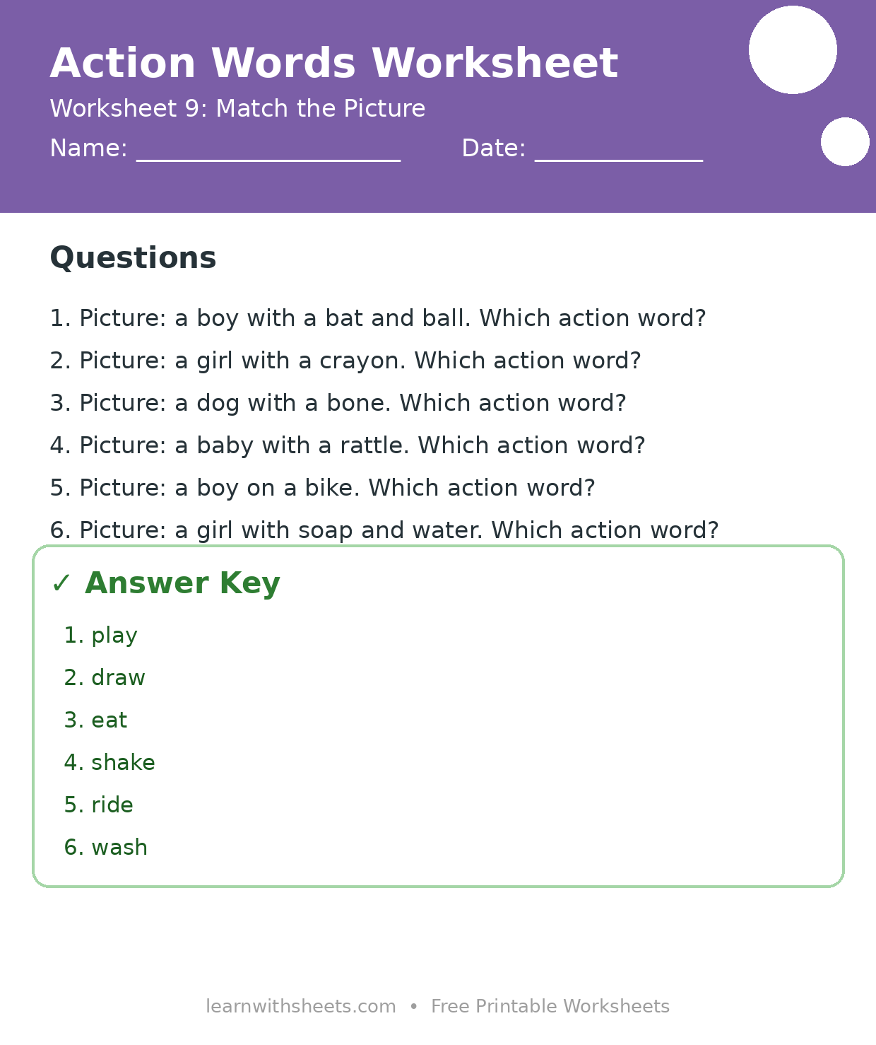 Printable action words worksheet 9: Match the Picture with questions and answer key
