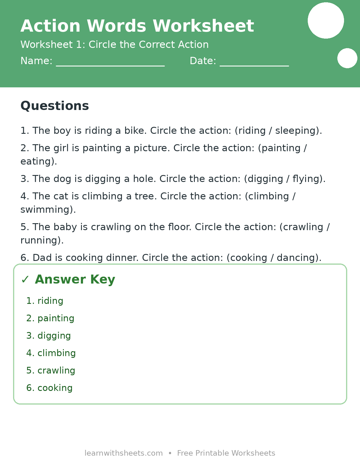 Printable action words worksheet 1: Circle the Correct Action with questions and answer key