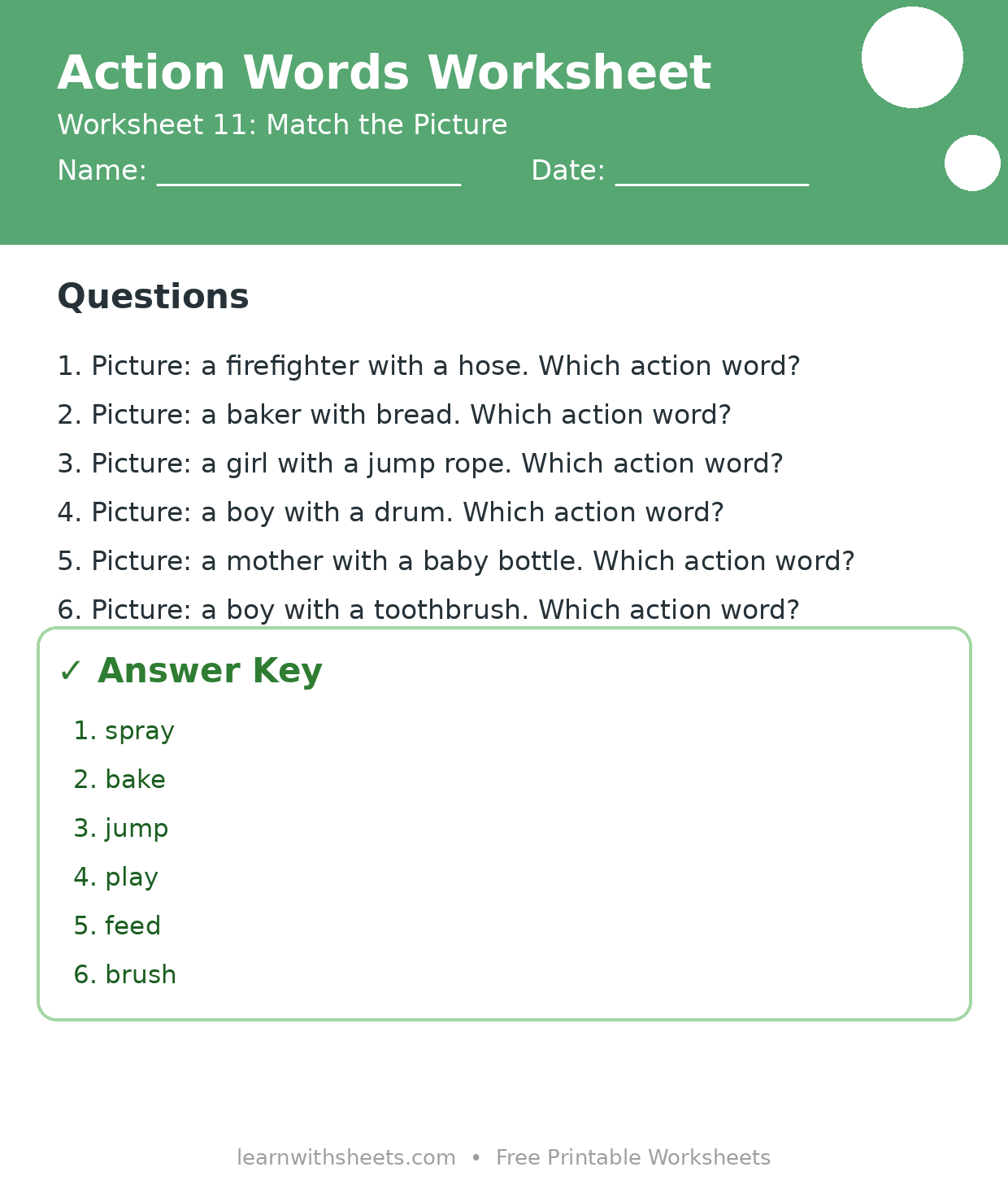 Printable action words worksheet 11: Match the Picture with questions and answer key