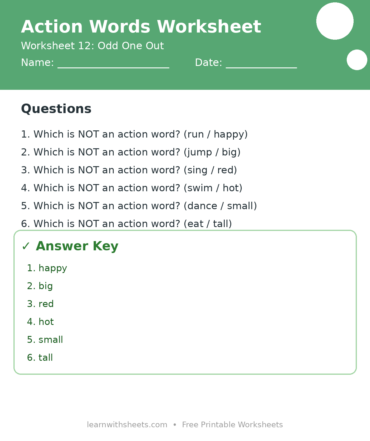 Printable action words worksheet 12: Odd One Out with questions and answer key