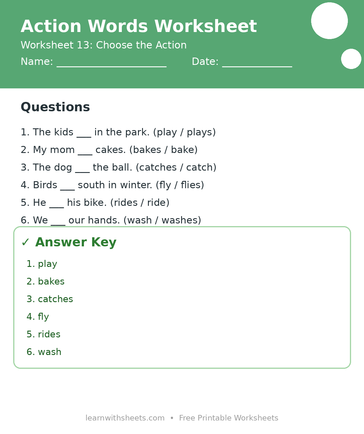 Printable action words worksheet 13: Choose the Action with questions and answer key