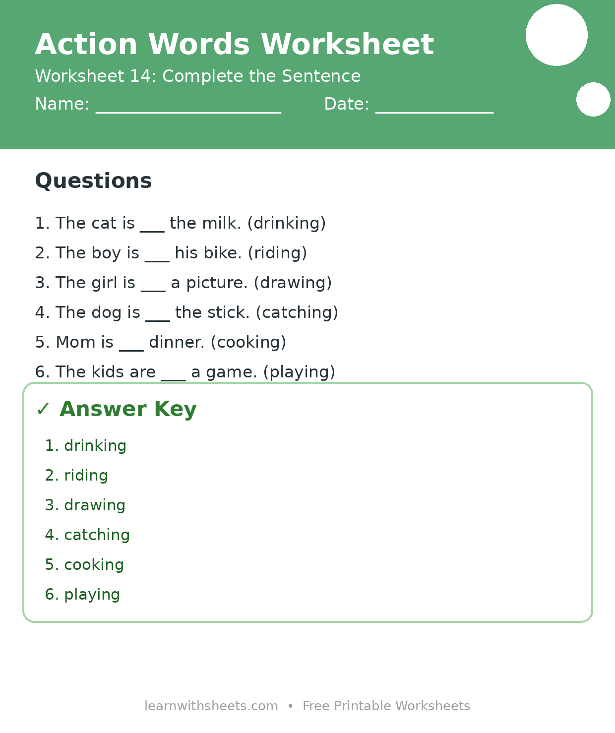 Printable action words worksheet 14: Complete the Sentence with questions and answer key