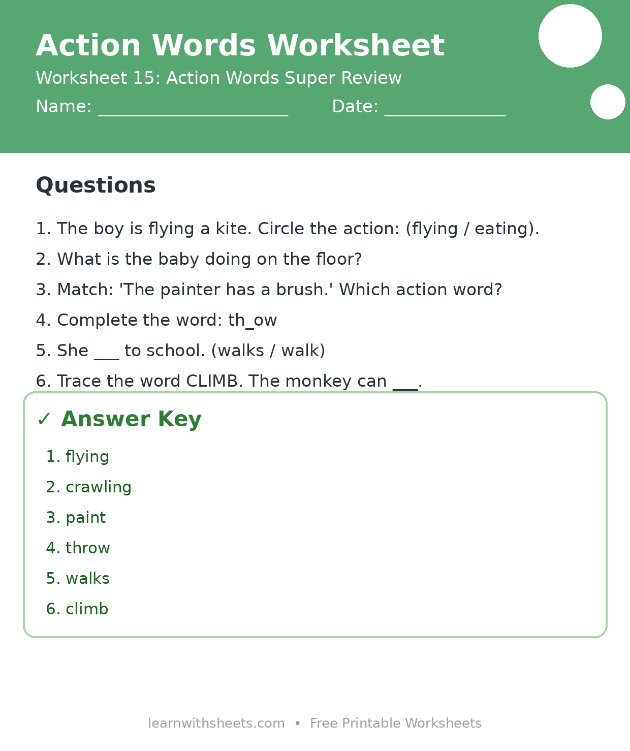 Printable action words worksheet 15: Action Words Super Review with questions and answer key