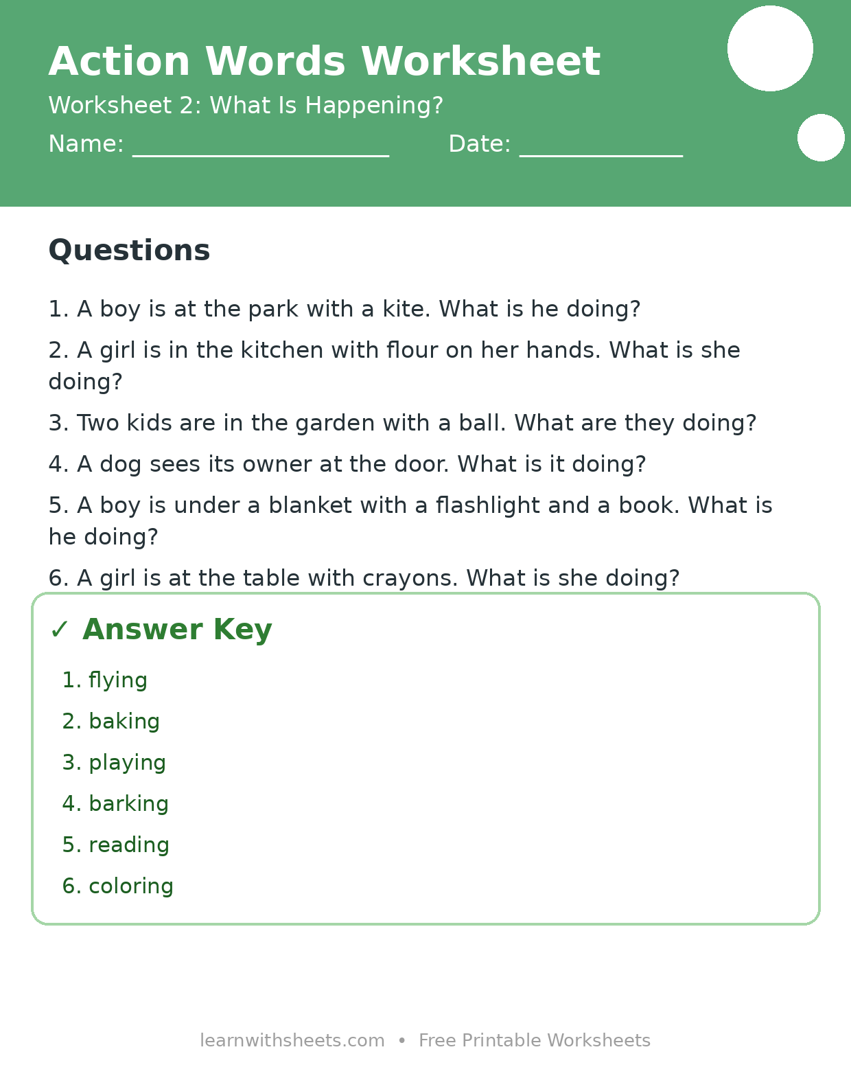 Printable action words worksheet 2: What Is Happening? with questions and answer key