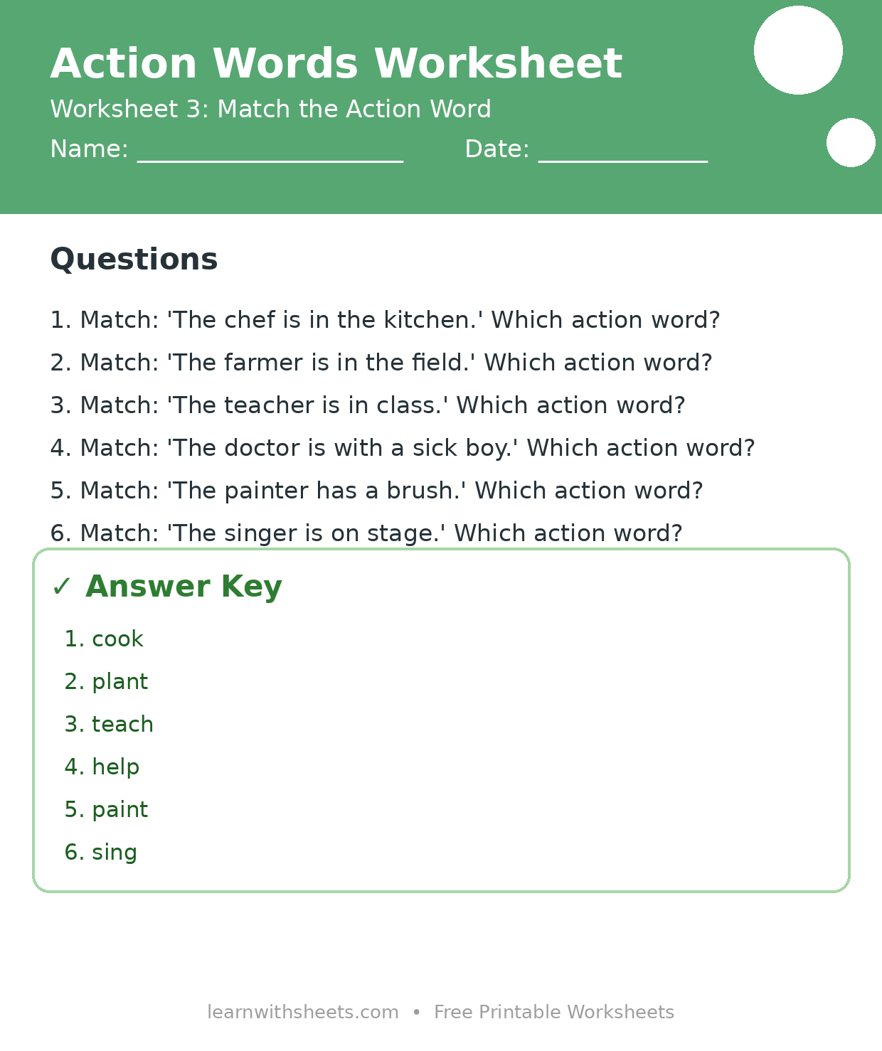 Printable action words worksheet 3: Match the Action Word with questions and answer key
