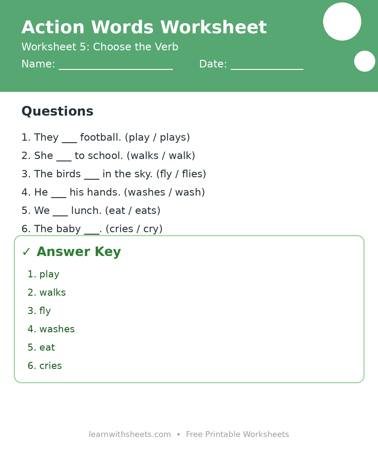 Printable action words worksheet 5: Choose the Verb with questions and answer key