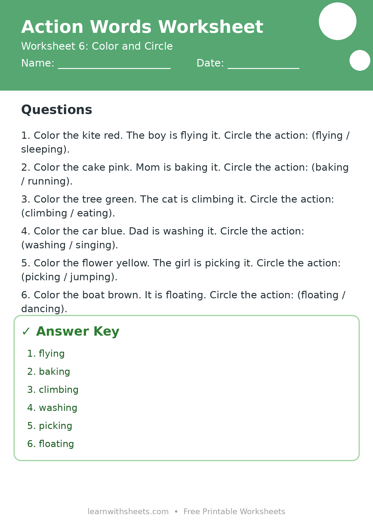 Printable action words worksheet 6: Color and Circle with questions and answer key