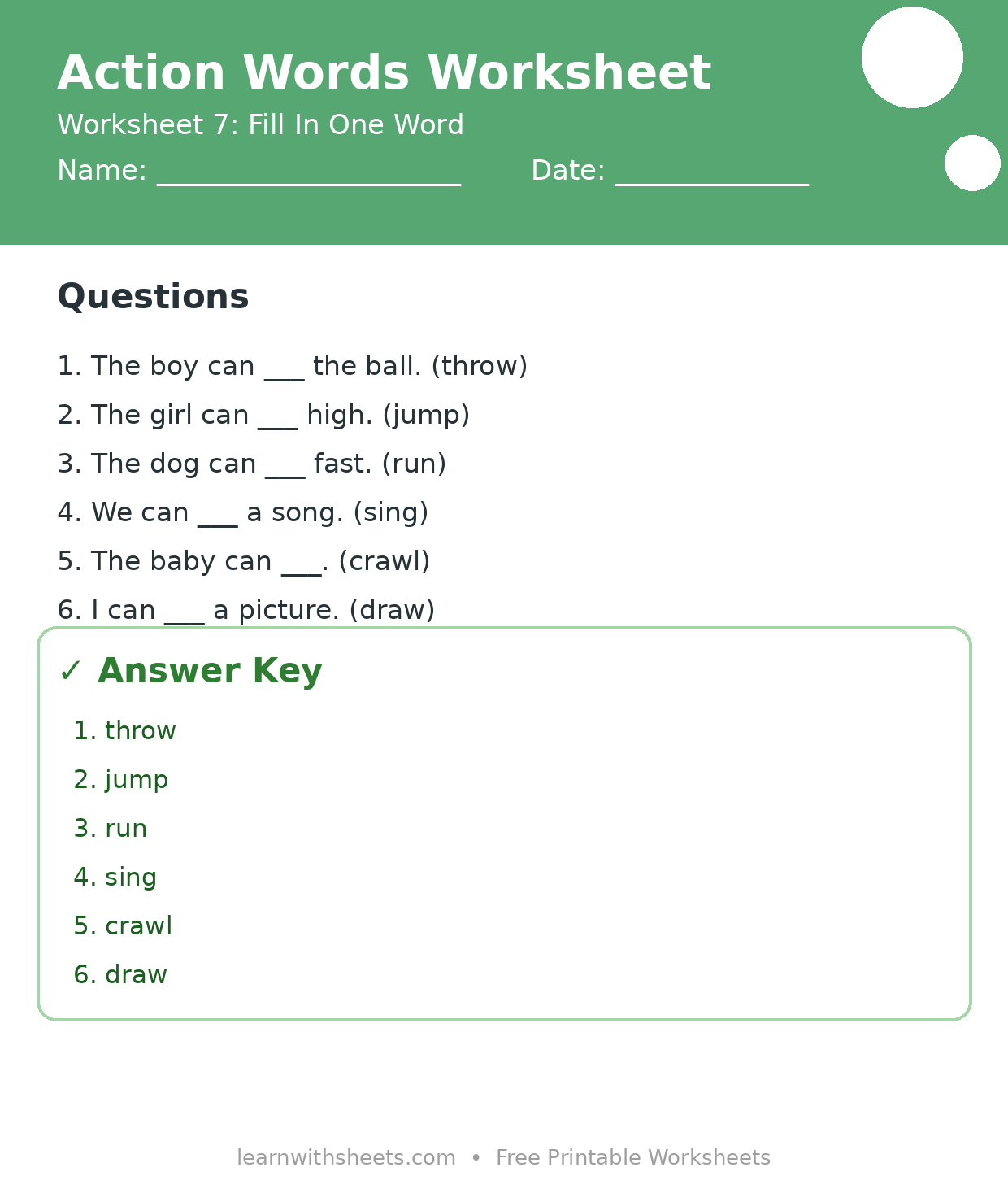 Printable action words worksheet 7: Fill In One Word with questions and answer key