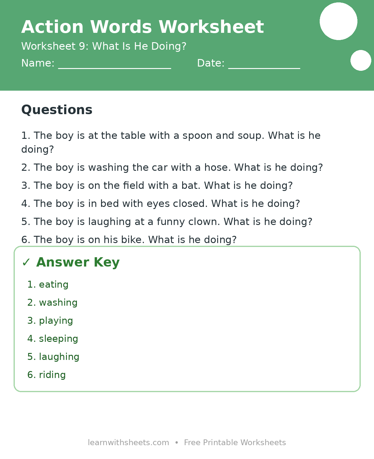 Printable action words worksheet 9: What Is He Doing? with questions and answer key