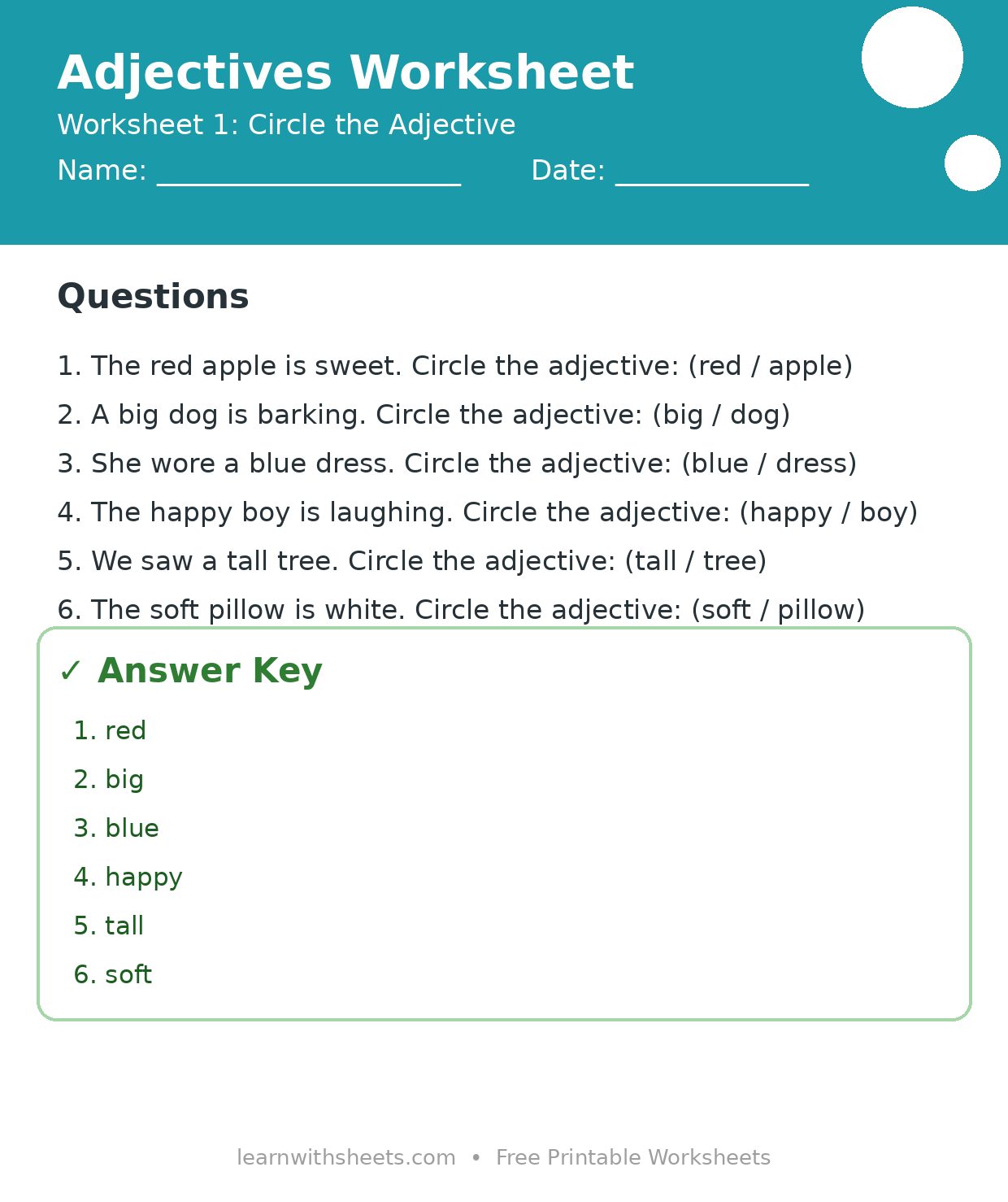 Printable adjectives worksheet 1: Circle the Adjective with questions and answer key