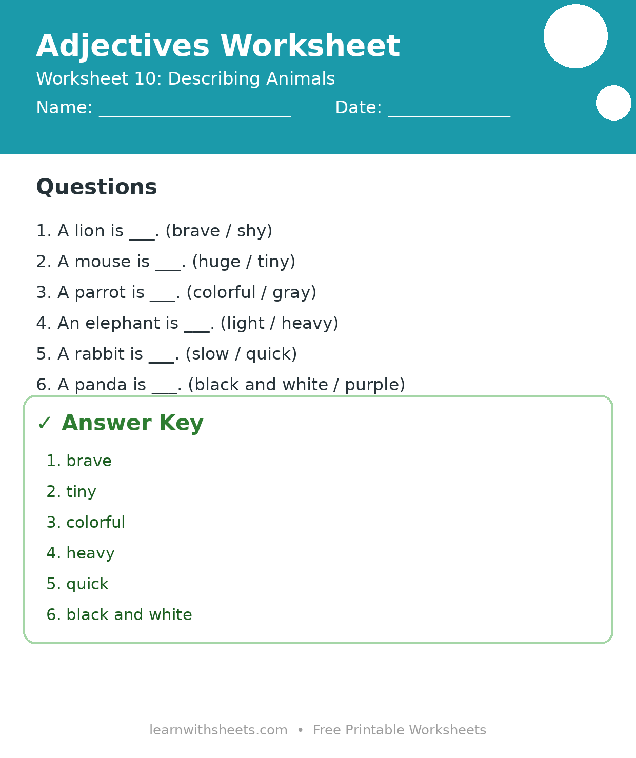 Printable adjectives worksheet 10: Describing Animals with questions and answer key