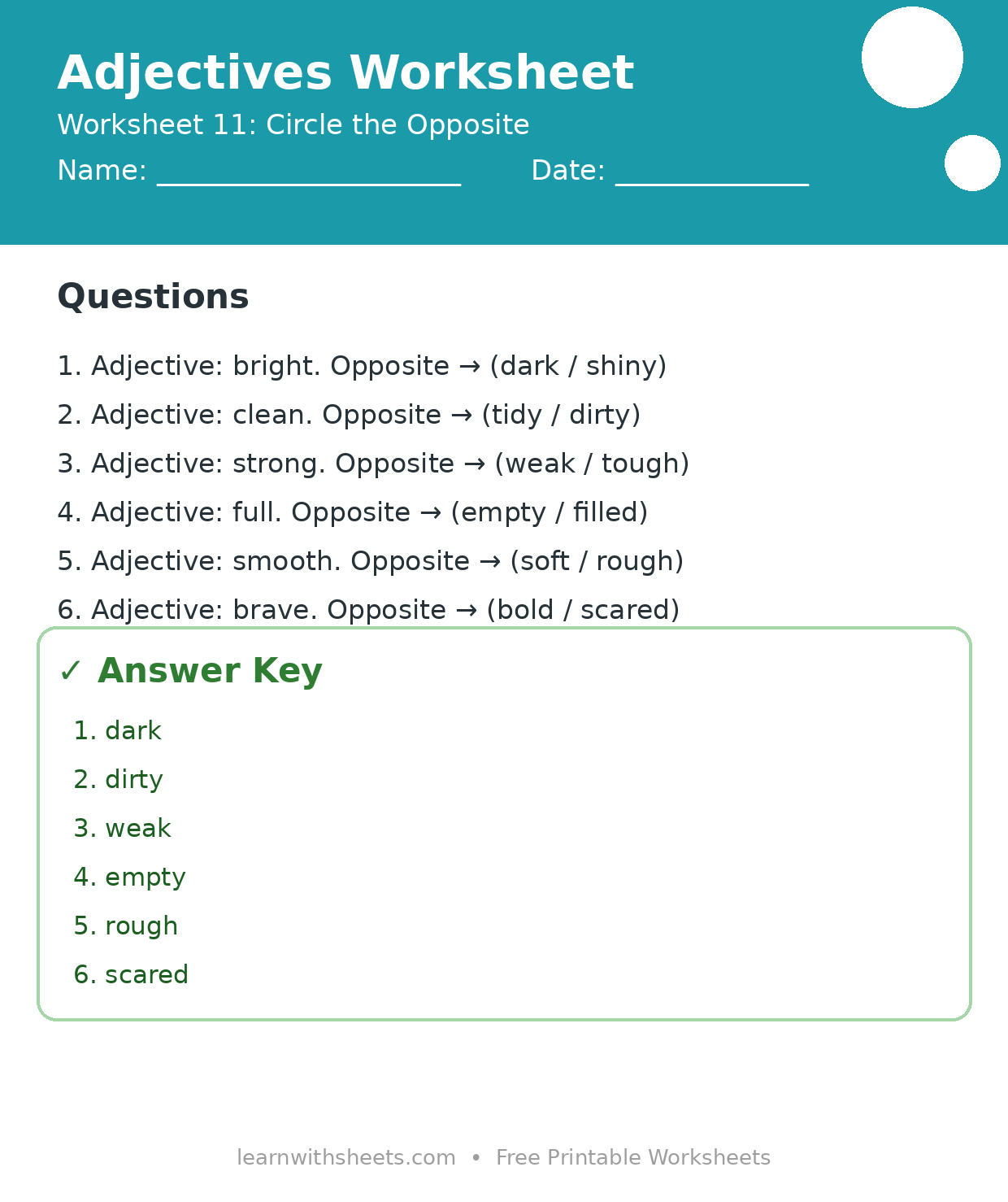 Printable adjectives worksheet 11: Circle the Opposite with questions and answer key
