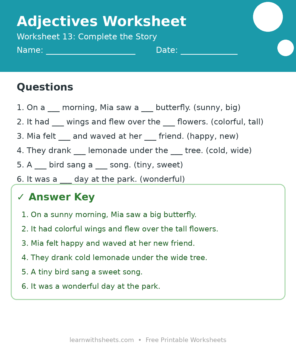 Printable adjectives worksheet 13: Complete the Story with questions and answer key