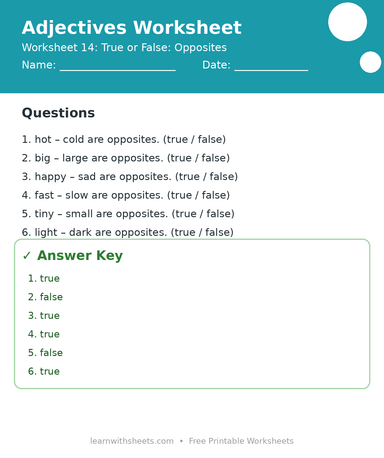 Printable adjectives worksheet 14: True or False: Opposites with questions and answer key