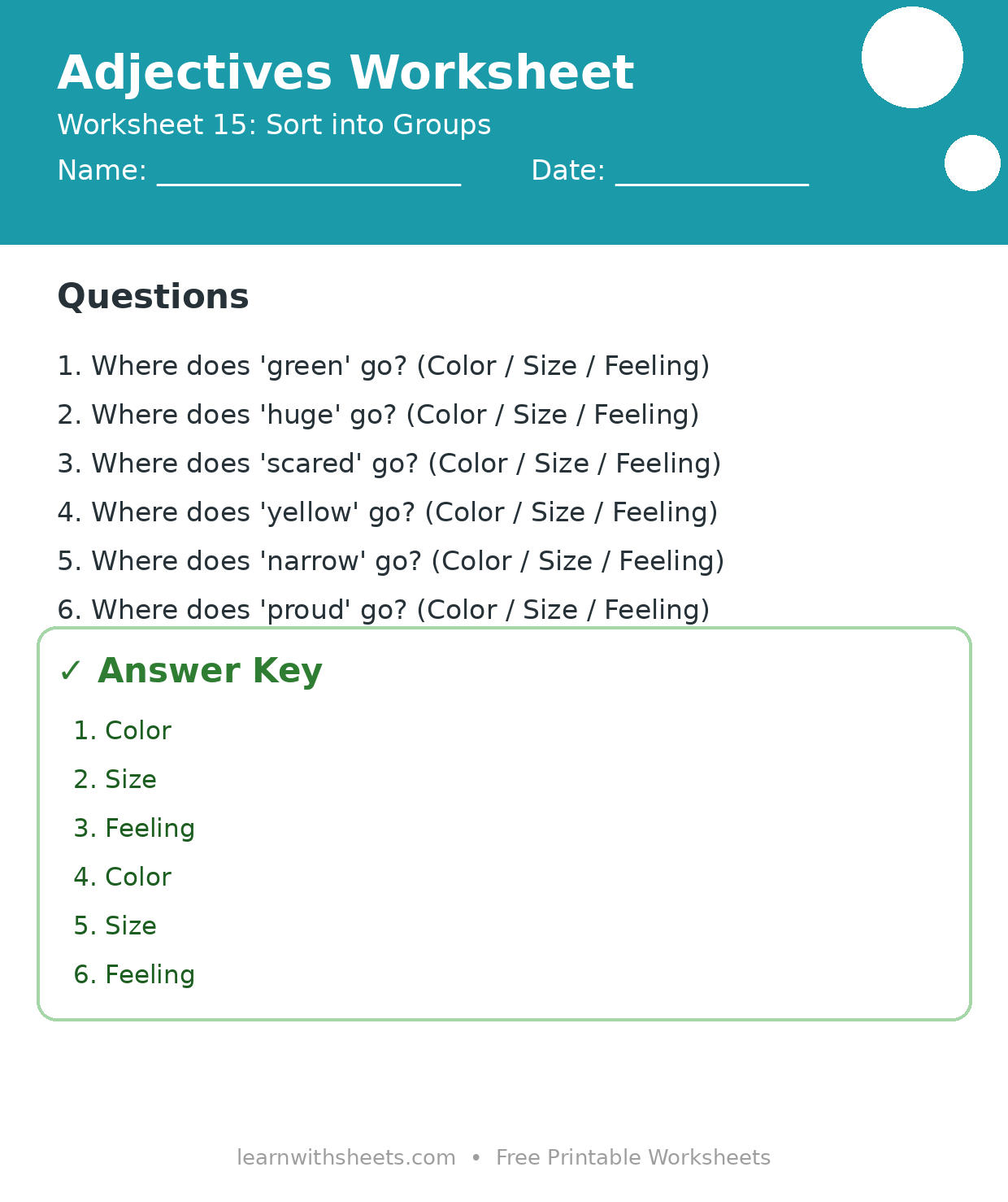 Printable adjectives worksheet 15: Sort into Groups with questions and answer key