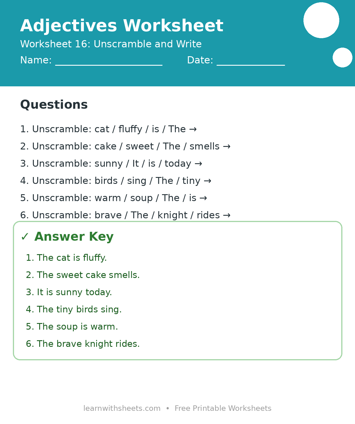 Printable adjectives worksheet 16: Unscramble and Write with questions and answer key