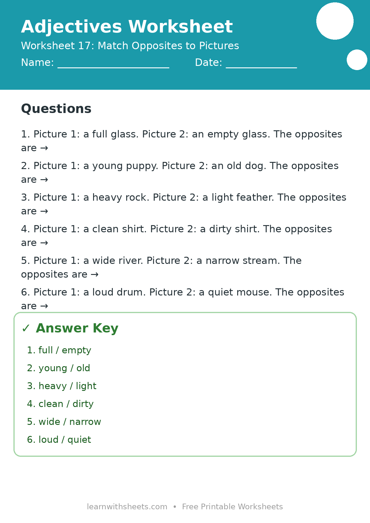 Printable adjectives worksheet 17: Match Opposites to Pictures with questions and answer key