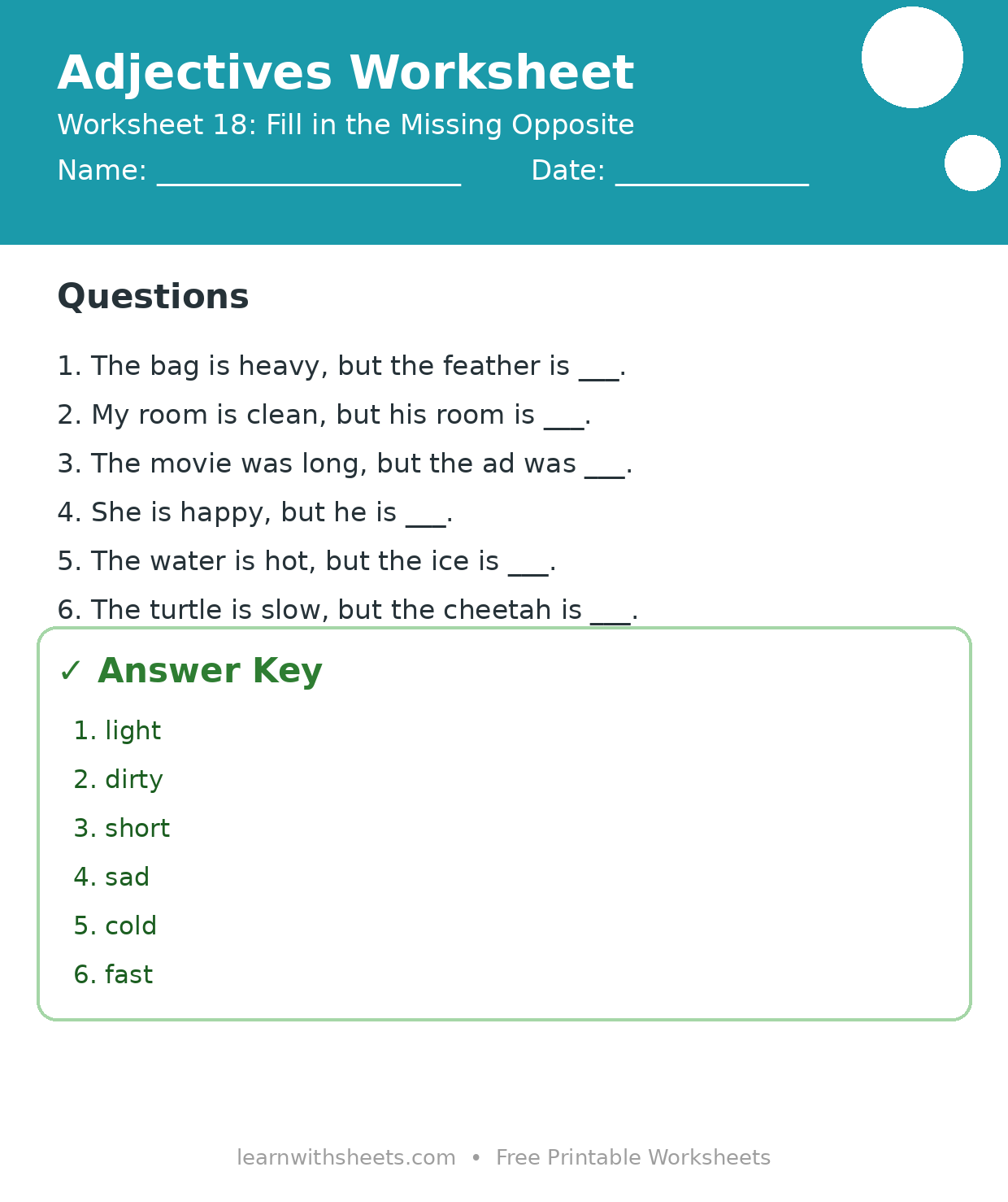 Printable adjectives worksheet 18: Fill in the Missing Opposite with questions and answer key
