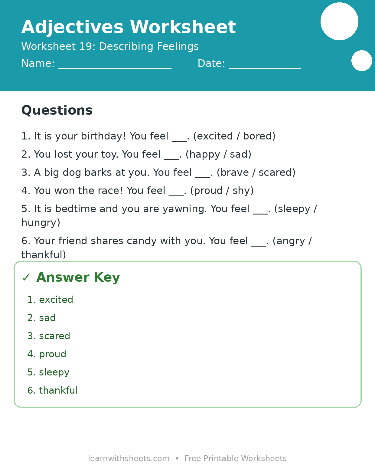 Printable adjectives worksheet 19: Describing Feelings with questions and answer key
