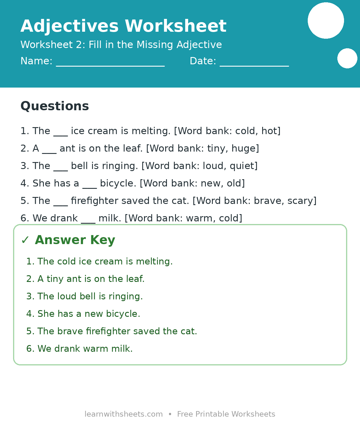 Printable adjectives worksheet 2: Fill in the Missing Adjective with questions and answer key