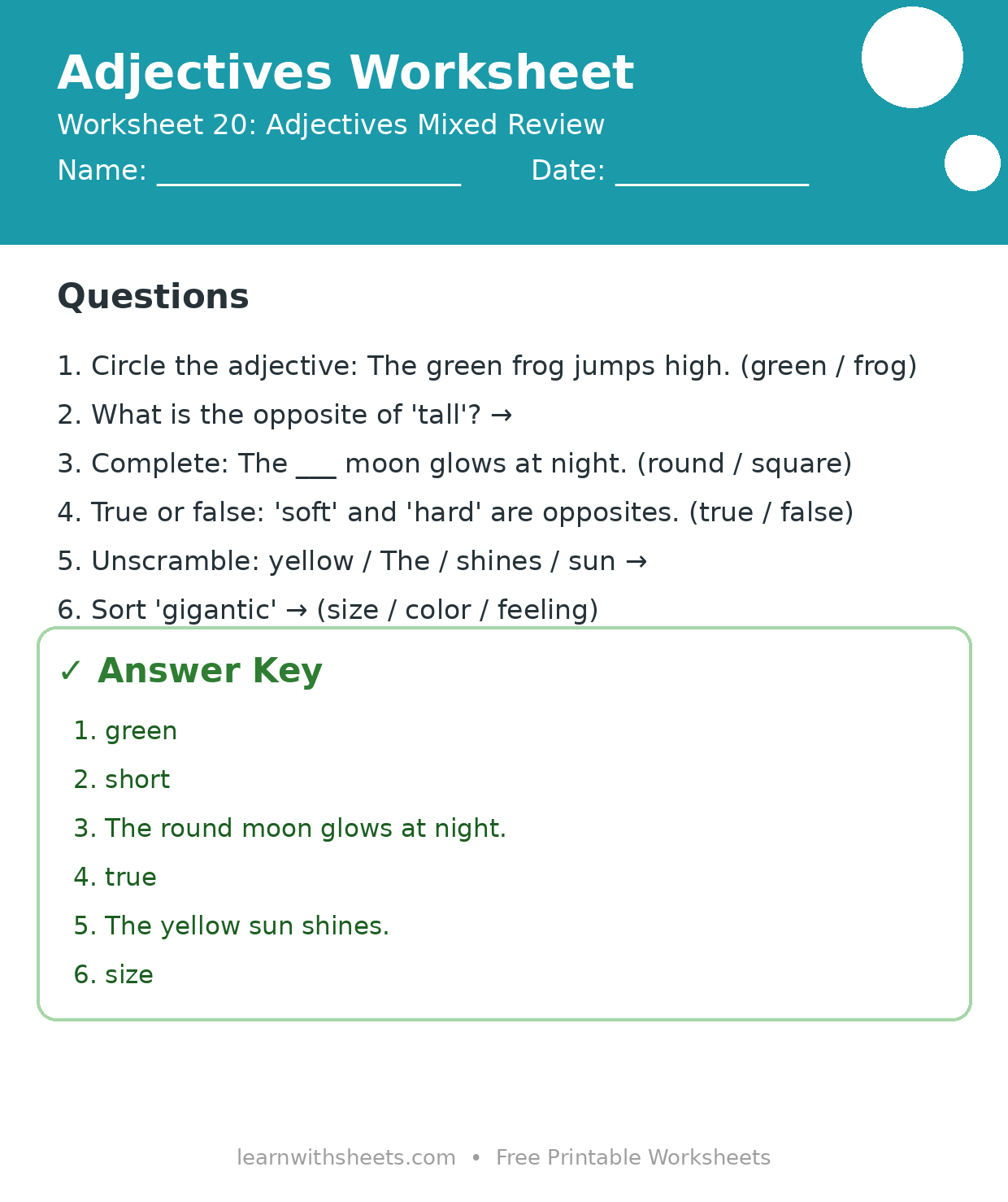 Printable adjectives worksheet 20: Adjectives Mixed Review with questions and answer key