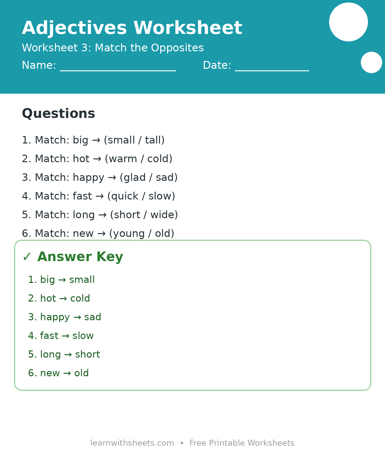 Printable adjectives worksheet 3: Match the Opposites with questions and answer key