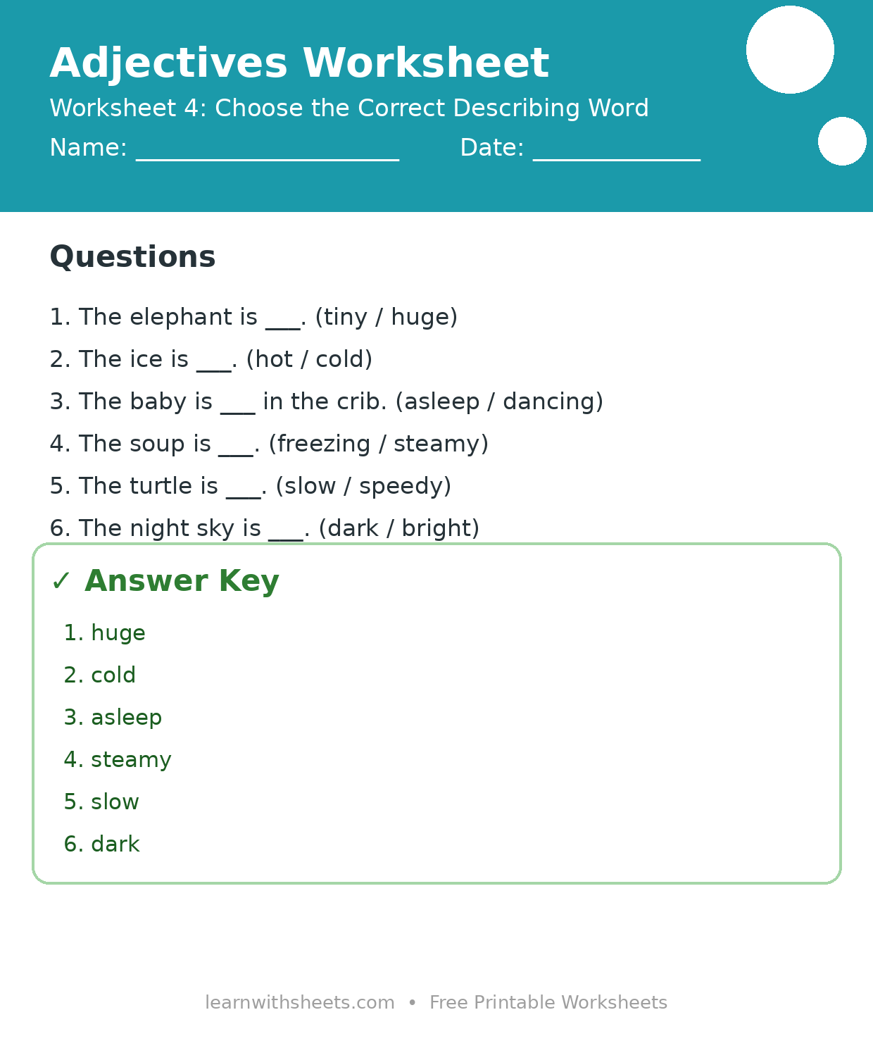 Printable adjectives worksheet 4: Choose the Correct Describing Word with questions and answer key