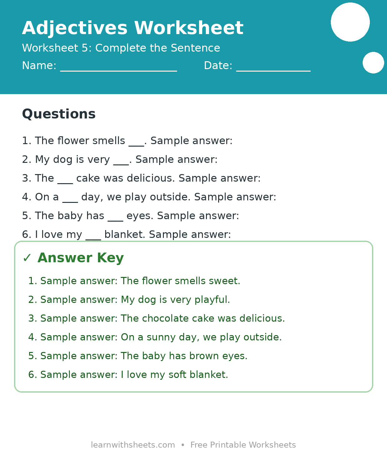 Printable adjectives worksheet 5: Complete the Sentence with questions and answer key