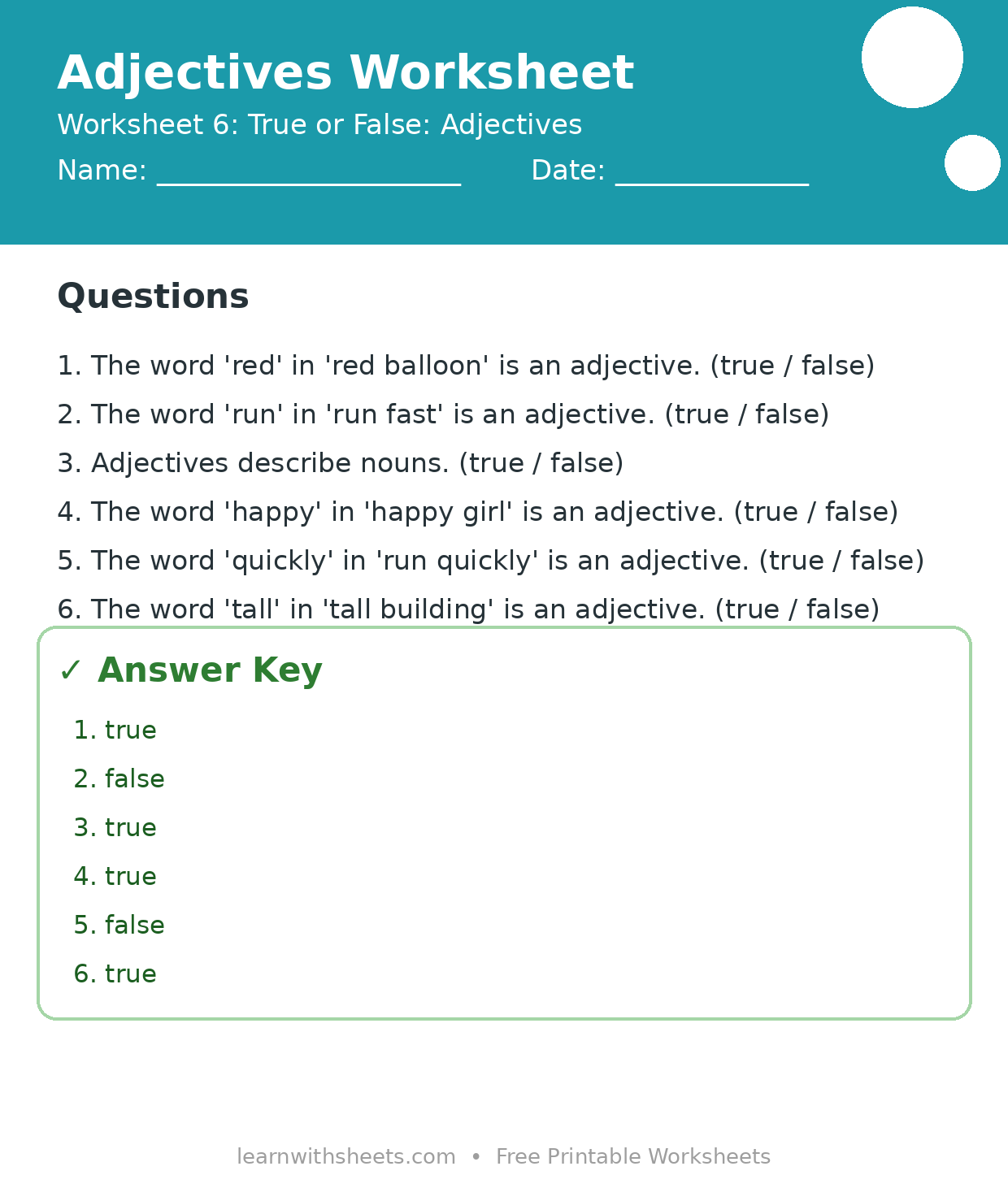 Printable adjectives worksheet 6: True or False: Adjectives with questions and answer key