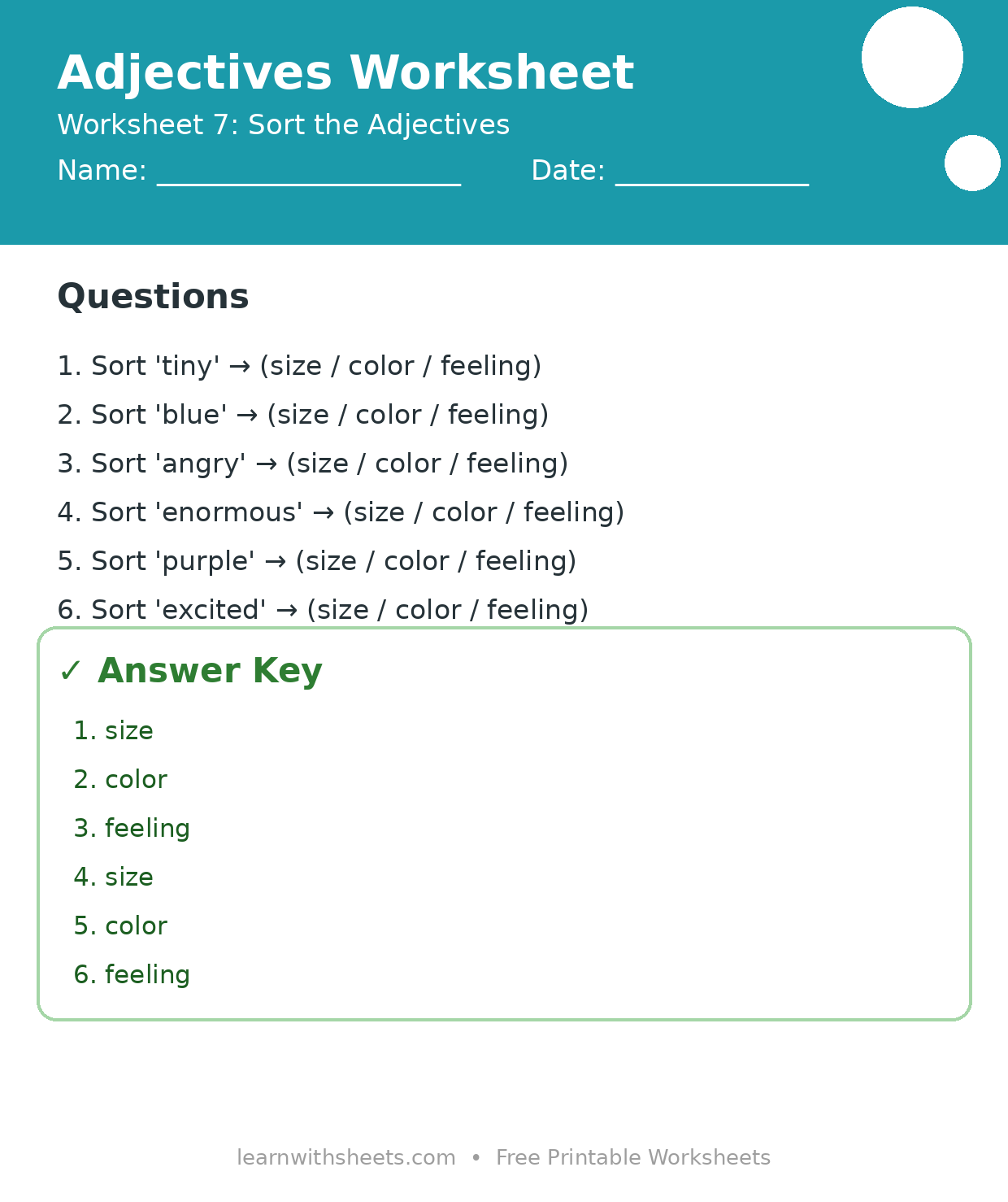 Printable adjectives worksheet 7: Sort the Adjectives with questions and answer key