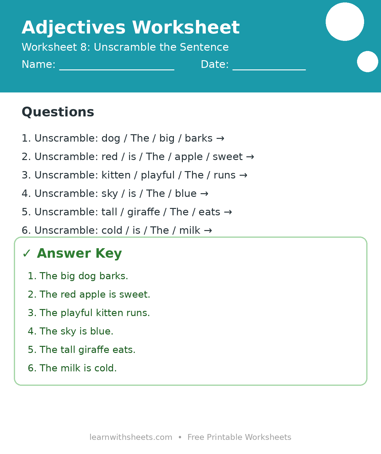 Printable adjectives worksheet 8: Unscramble the Sentence with questions and answer key