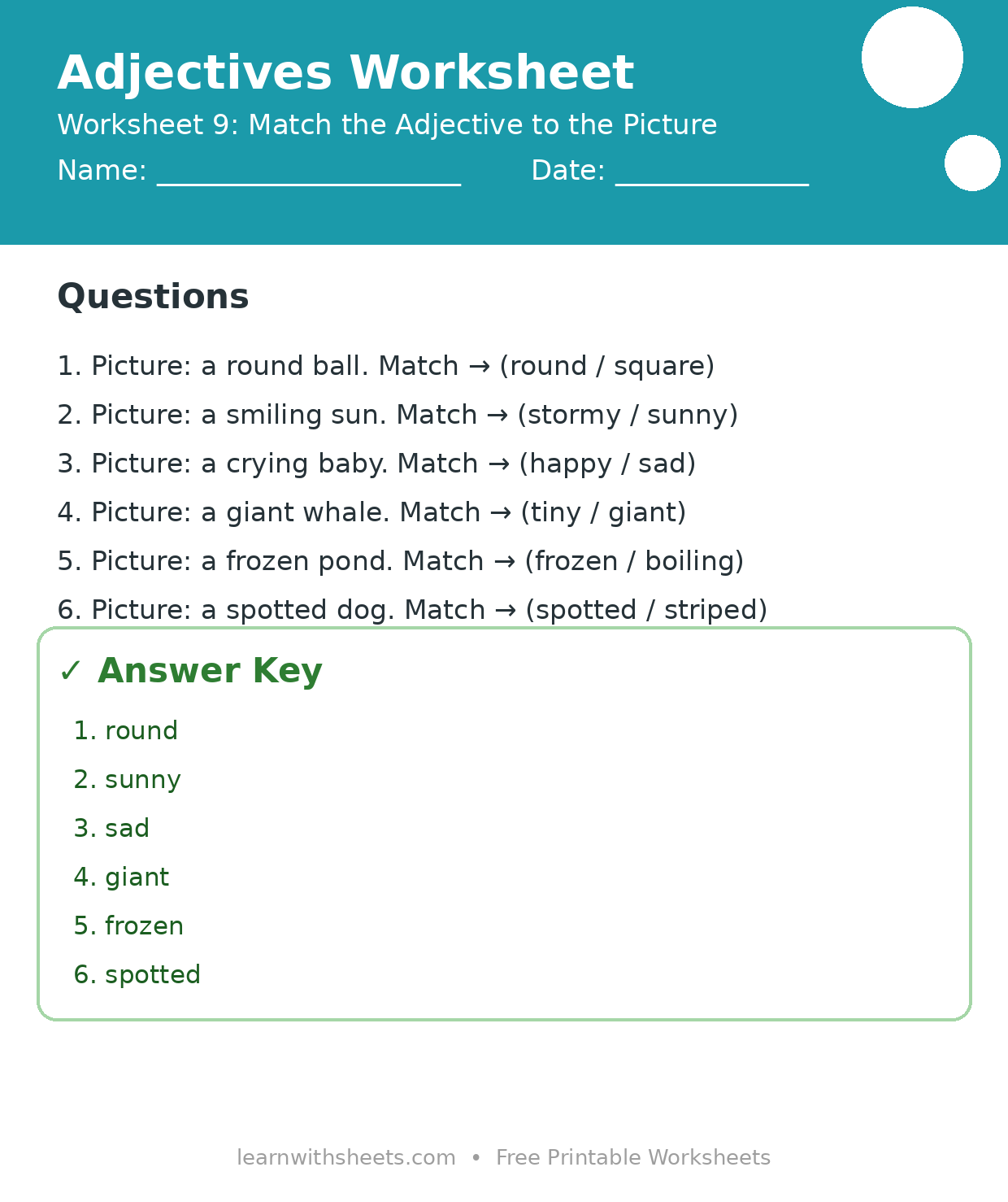 Printable adjectives worksheet 9: Match the Adjective to the Picture with questions and answer key