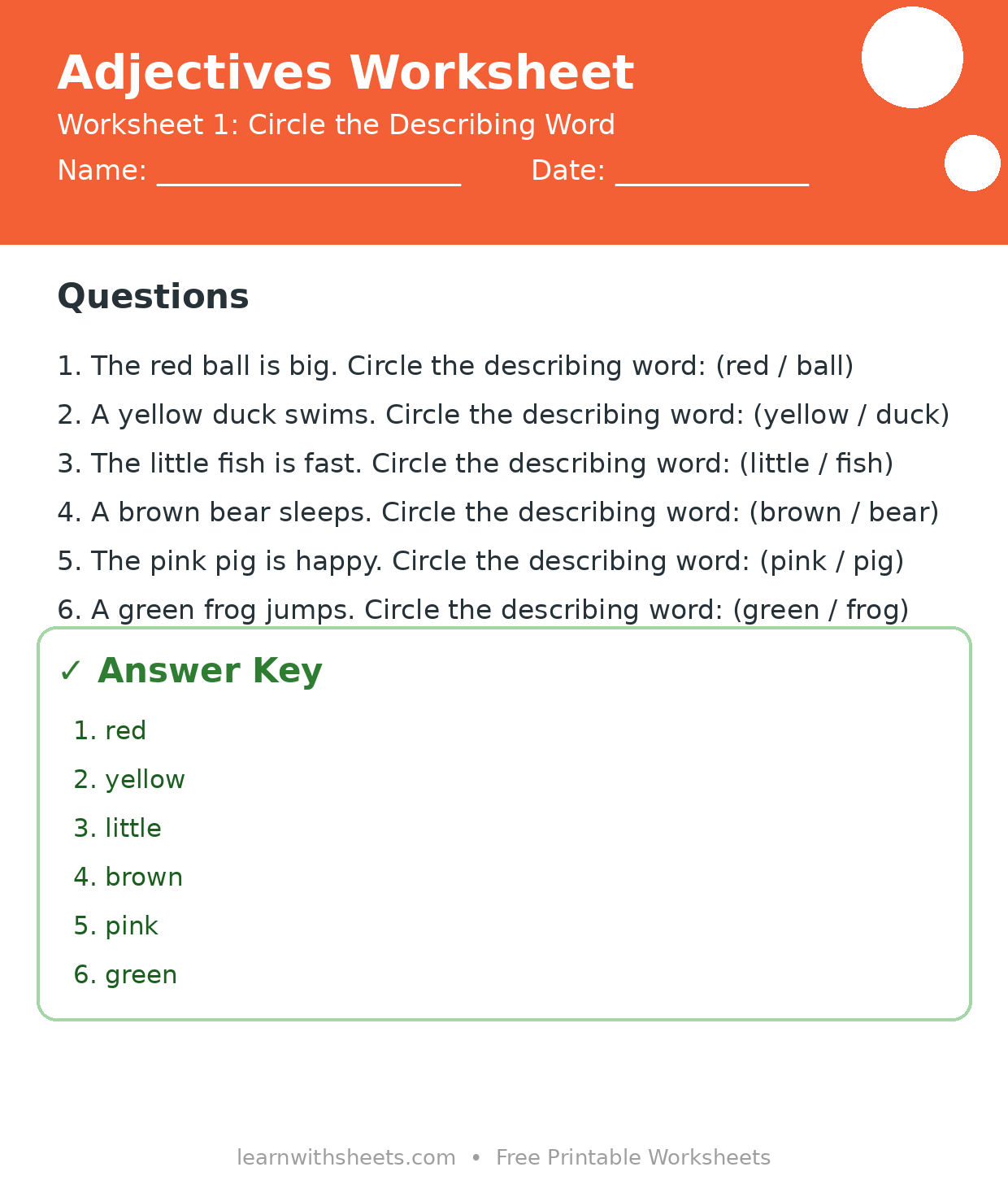 Printable adjectives worksheet 1: Circle the Describing Word with questions and answer key