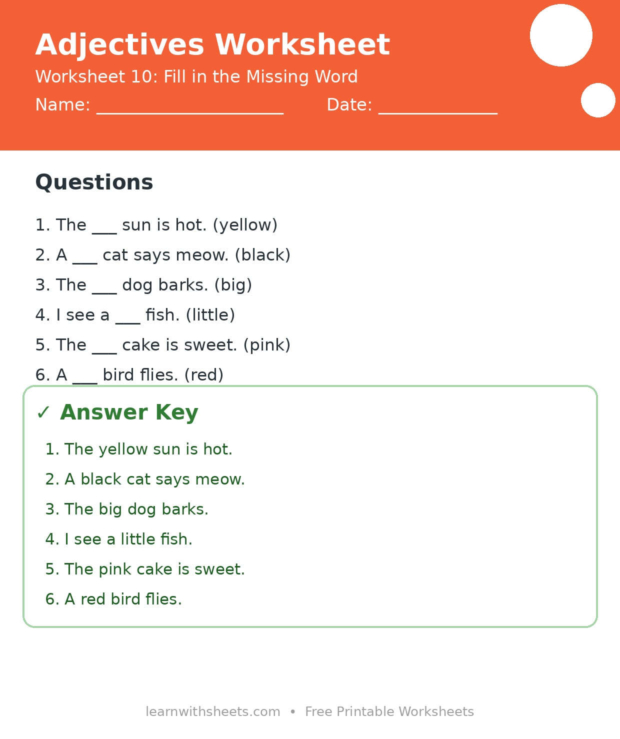 Printable adjectives worksheet 10: Fill in the Missing Word with questions and answer key