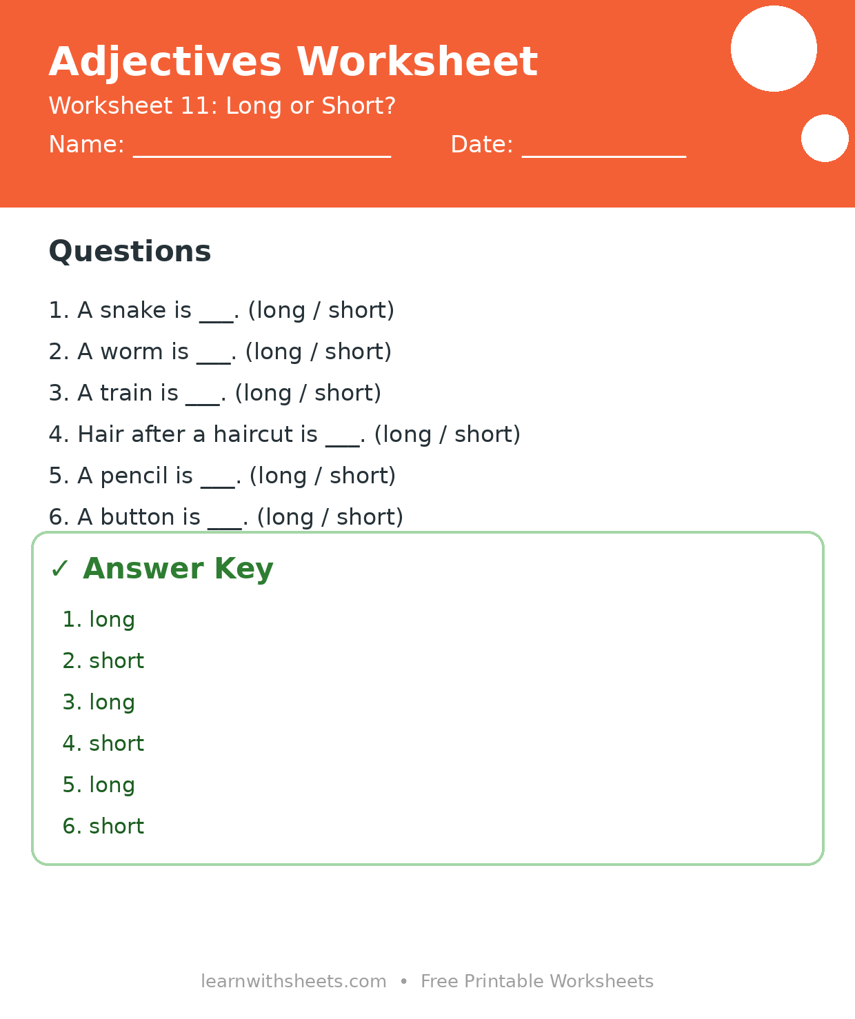 Printable adjectives worksheet 11: Long or Short? with questions and answer key