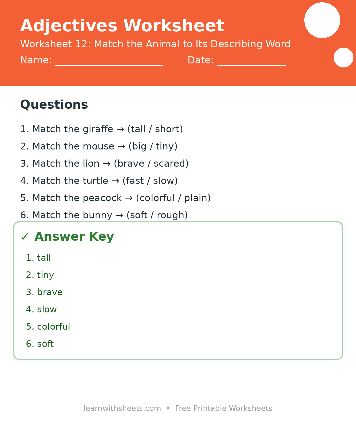 Printable adjectives worksheet 12: Match the Animal to Its Describing Word with questions and answer key