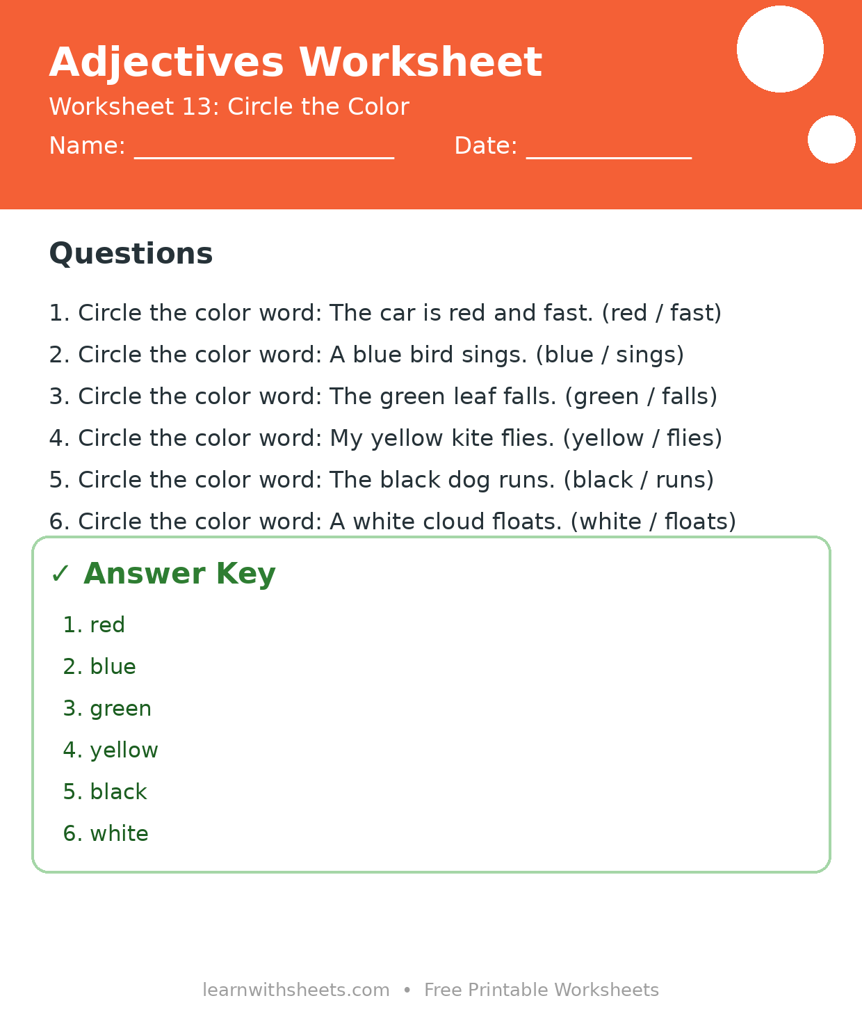 Printable adjectives worksheet 13: Circle the Color with questions and answer key