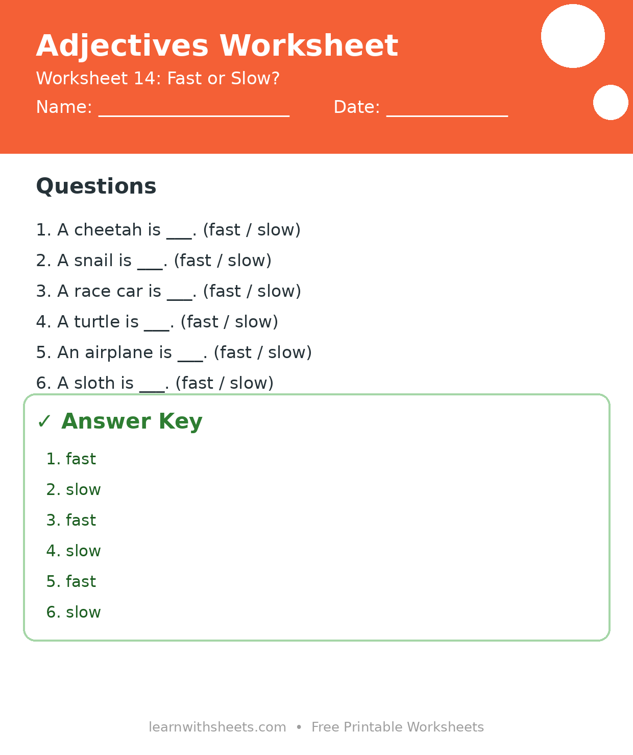 Printable adjectives worksheet 14: Fast or Slow? with questions and answer key