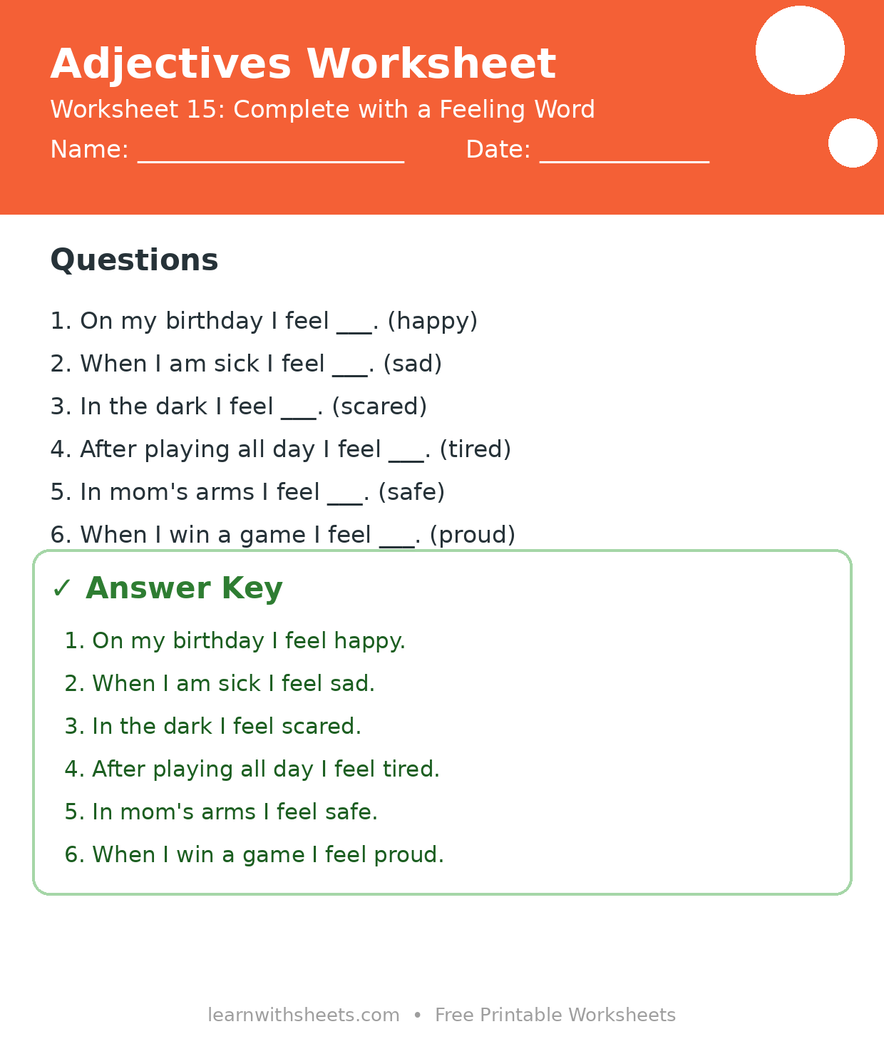 Printable adjectives worksheet 15: Complete with a Feeling Word with questions and answer key