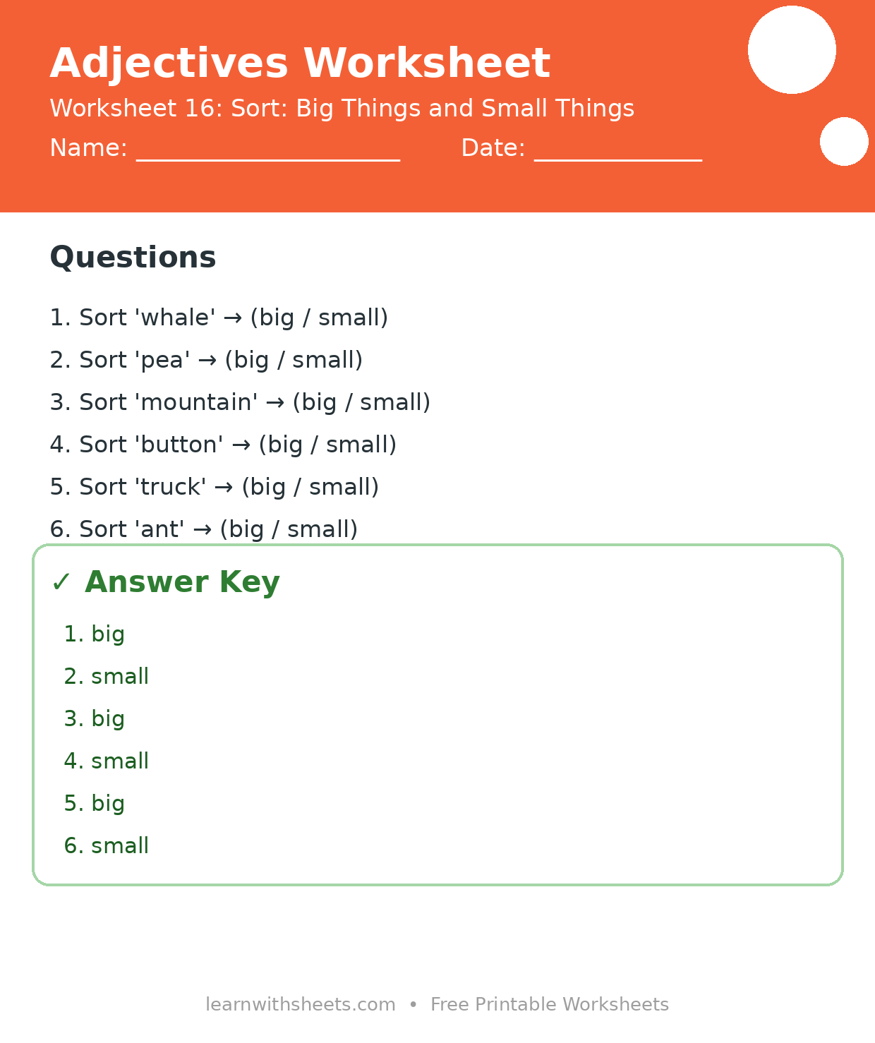 Printable adjectives worksheet 16: Sort: Big Things and Small Things with questions and answer key