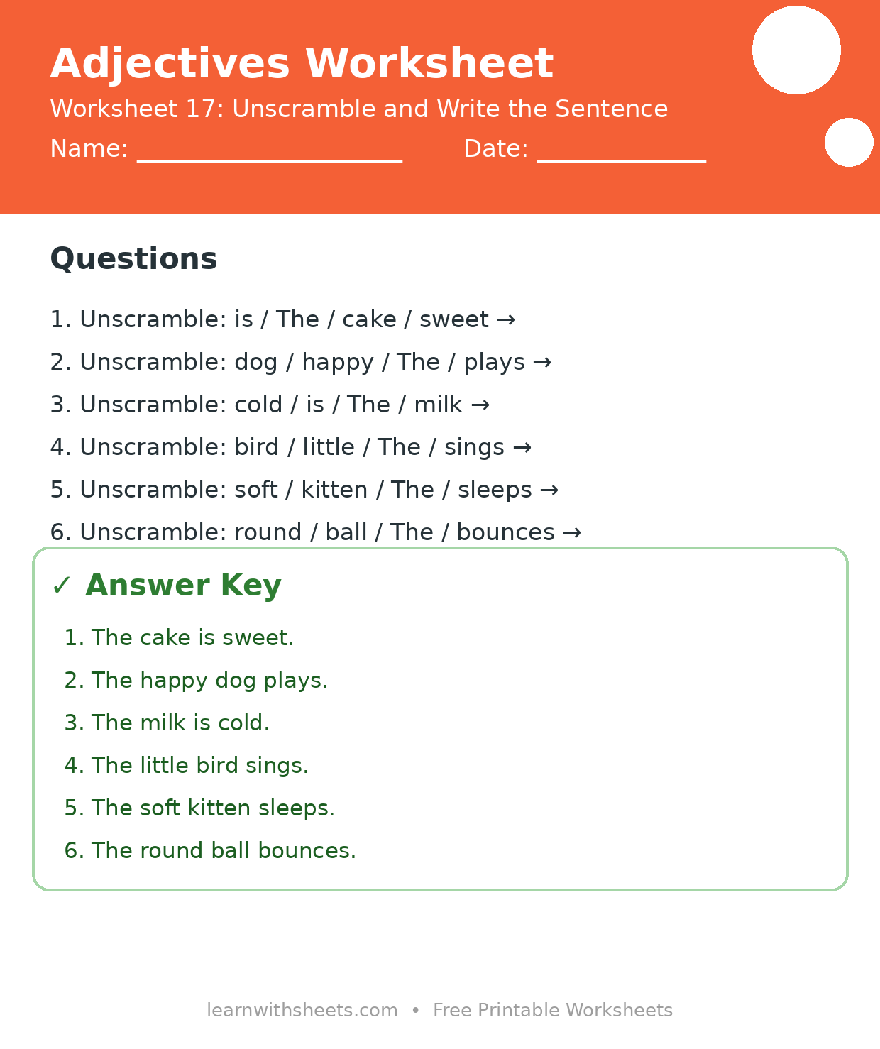 Printable adjectives worksheet 17: Unscramble and Write the Sentence with questions and answer key