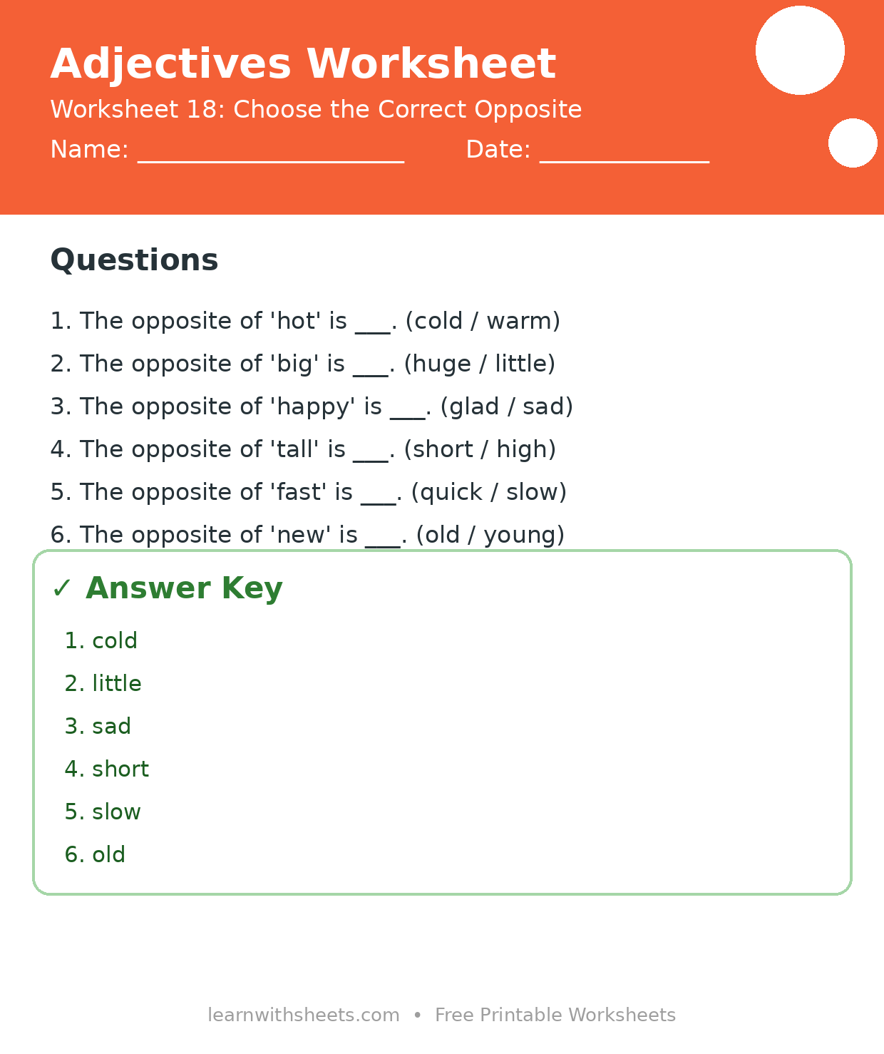 Printable adjectives worksheet 18: Choose the Correct Opposite with questions and answer key